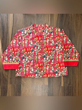 Vintage Josie by Natori red button up long sleeve top with Geisha print